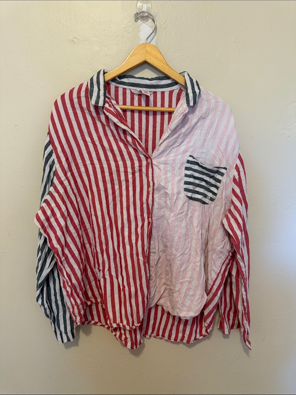 Victoria's Secret Red, White & Navy Striped Button-Up Sleep Shirt